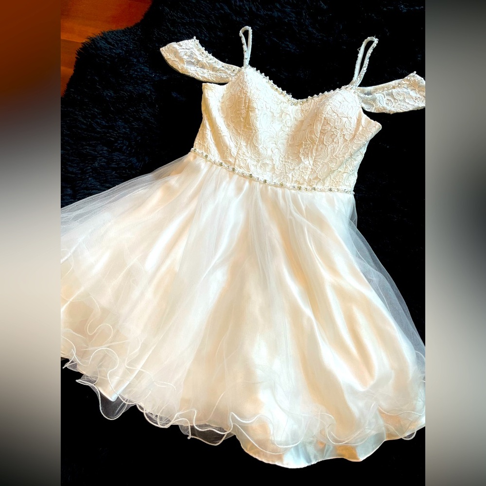 Short White Dress - off the shoulder with bead and lace details